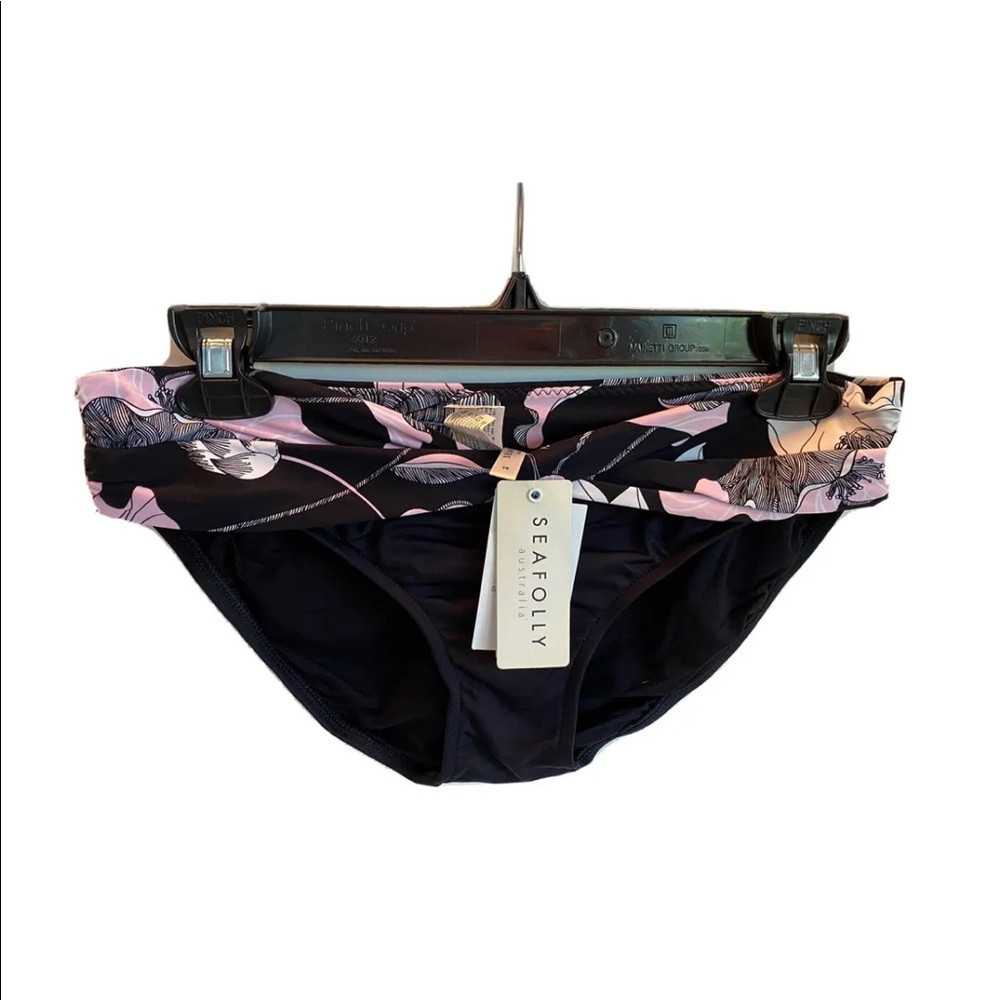 SEAFOLLY Australia Black with Pink Floral design swim bikini bottoms. US 10 NWT